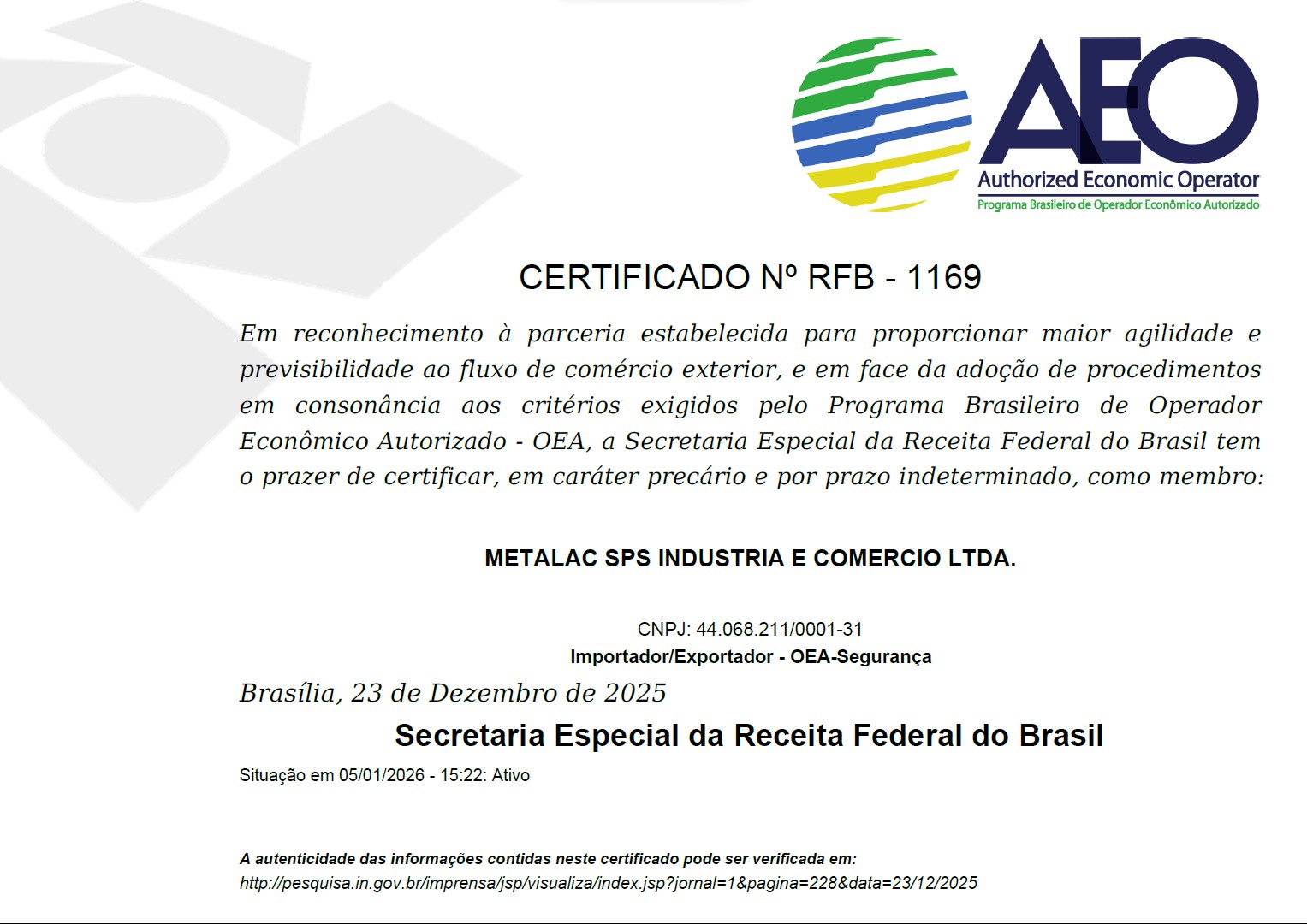 Certificado OEA - Segurança